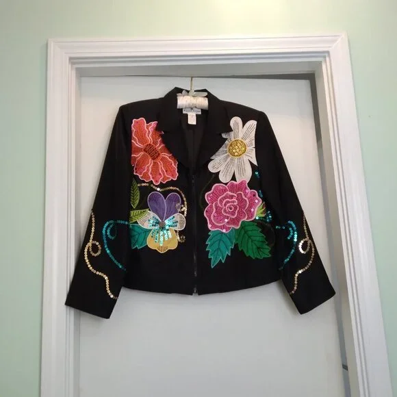 Y2K Vintage Black 100% Silk Jacket w Floral Textured Art Simply Stunning! Sz10 - Picture 11 of 14